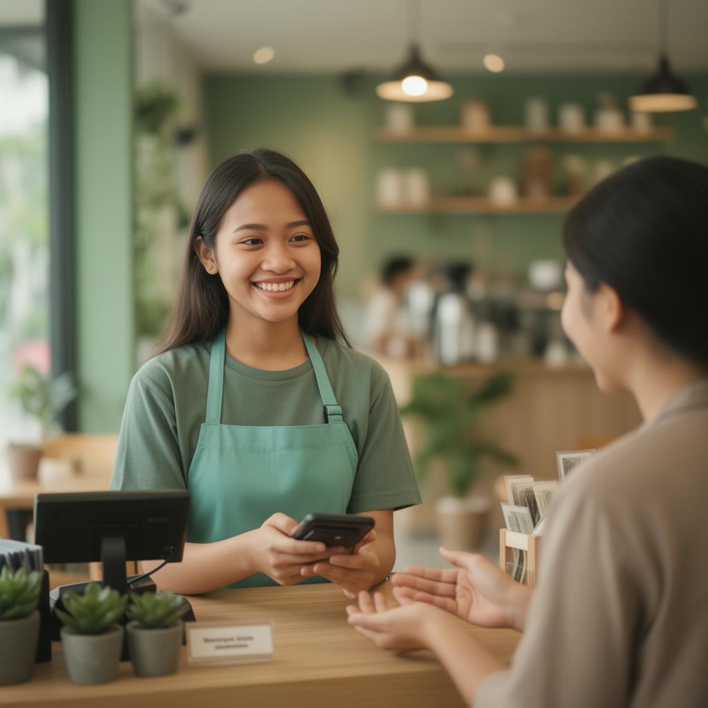 Friendly cashier using the FlowKas POS app